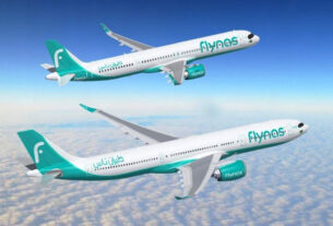 Aeronaves Airbus nas cores da flynas
