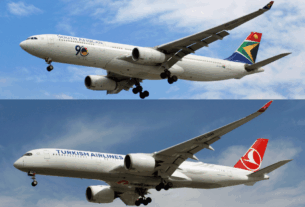 Airbus A330-300 da South African e Airbus A350-900 da Turkish (fotos: Daniel R.Carneiro / DRC Imagem)