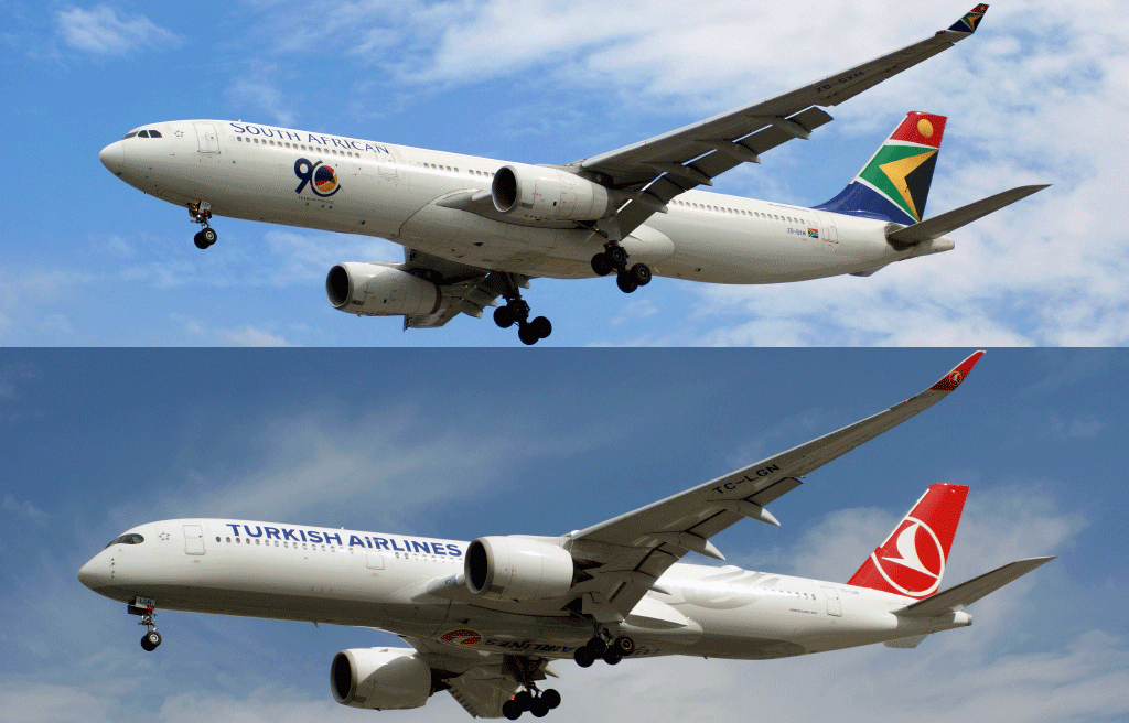 Airbus A330-300 da South African e Airbus A350-900 da Turkish (fotos: Daniel R.Carneiro / DRC Imagem)