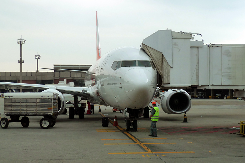 Avião Boeing 737 sendo atendido por trabalhadores em solo (foto: Daniel R.Carneiro / DRC Imagem)