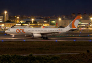 Airbus A330-200 EC-MAJ nas cores da GOL em Lisboa (foto de Daniel R.Carneiro / DRC Imagem, manipulada com auxílio de IA)